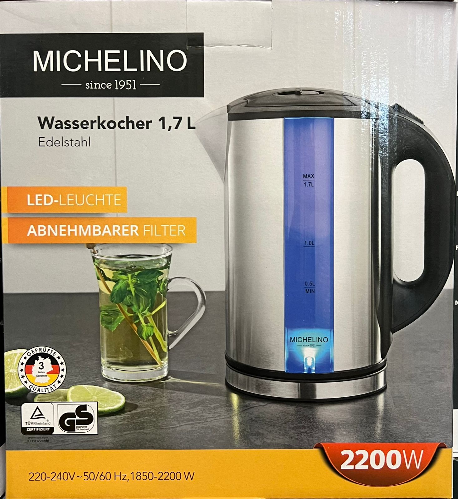 Edelstahl-Wasserkocher 1,7 L, 2200 W